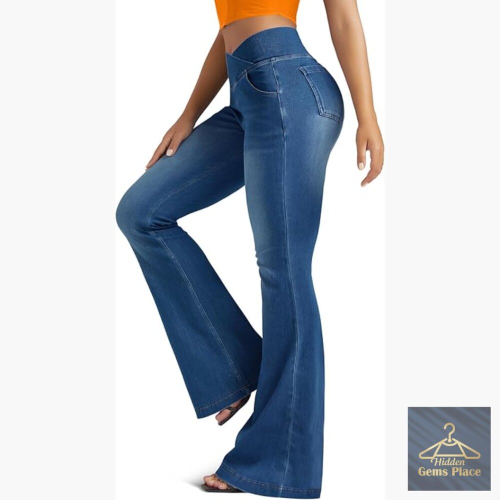High Waisted Flare Leggings with Pockets, Stretchy Knit Denim, Tummy Control